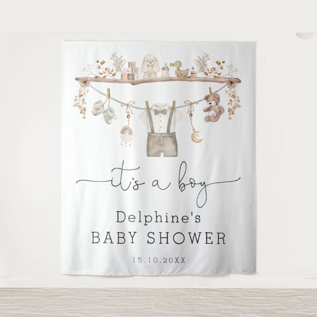 Muted Boho Little Man Boy Baby Shower Welcome Tapestry (Front)