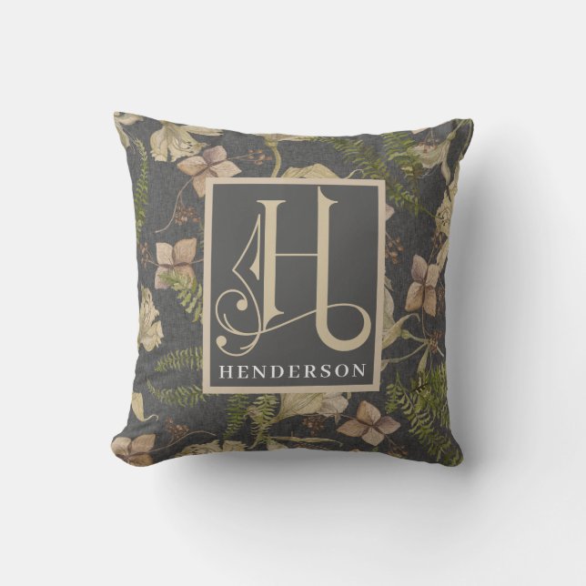 Muted Botanical Pattern Monogram H Cushion (Front)