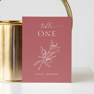 Muted Brick Red Olive Wedding   Fall Botanical Table Number