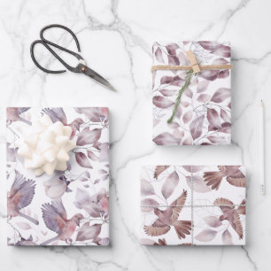 Muted Browns Watercolor Birds and Leaves Wrapping Paper Sheet