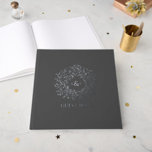 Muted charcoal grey leaf monogram wedding guest book