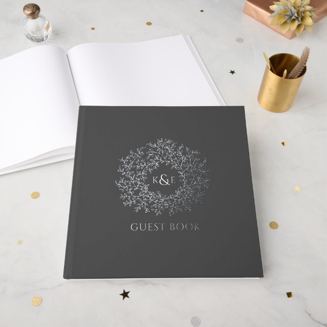 Muted charcoal grey leaf monogram wedding guest book (Front Open)