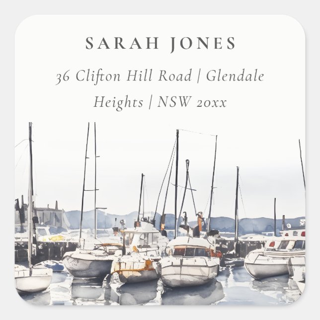 Muted Coastal Boats at Harbour Seascape Address Square Sticker (Front)