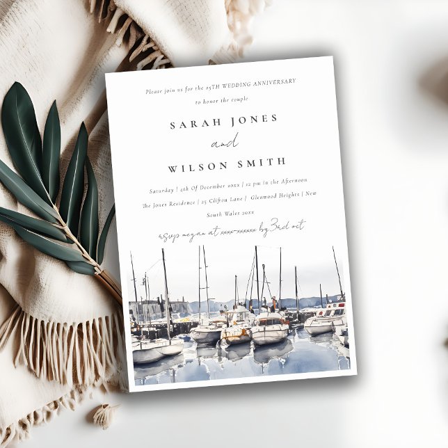 Muted Coastal Boats at Harbour Seascape Anniversar Invitation (Creator Uploaded)