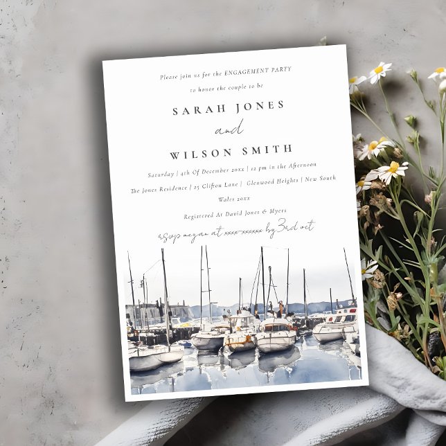 Muted Coastal Boats at Harbour Seascape Engagement Invitation (Creator Uploaded)