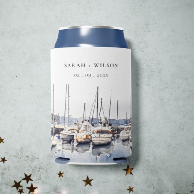 Muted Coastal Boats at Harbour Seascape Wedding Can Cooler (Creator Uploaded)
