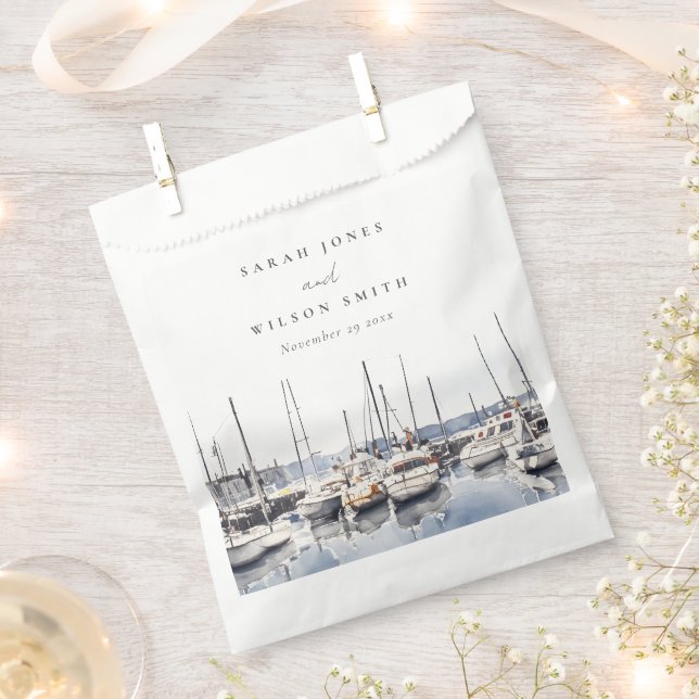 Muted Coastal Boats at Harbour Seascape Wedding Favour Bags (Clipped)