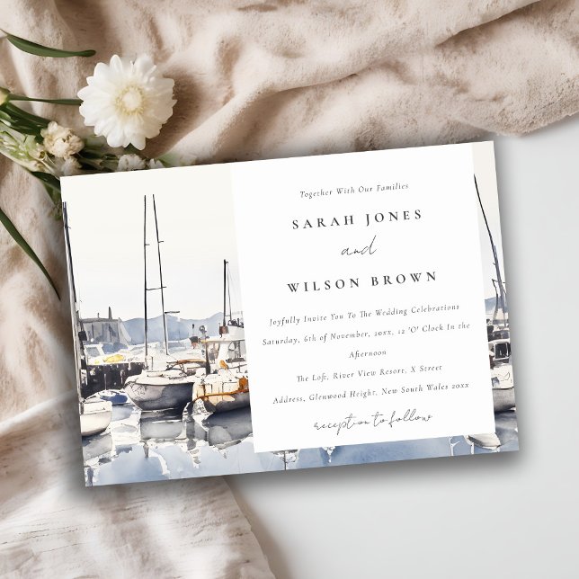 Muted Coastal Boats at Harbour Seascape Wedding Invitation (Creator Uploaded)