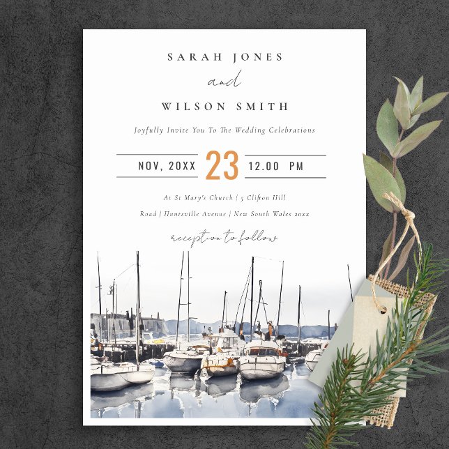 Muted Coastal Boats at Harbour Seascape Wedding Invitation (Creator Uploaded)