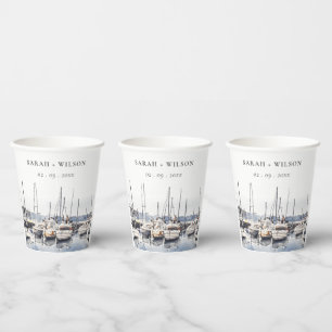 Muted Coastal Boats at Harbour Seascape Wedding Paper Cups