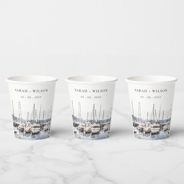 Muted Coastal Boats at Harbour Seascape Wedding Paper Cups (Multi)