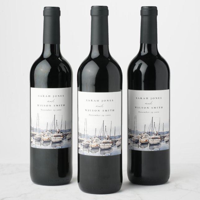 Muted Coastal Boats at Harbour Seascape Wedding Wine Label (Bottles)