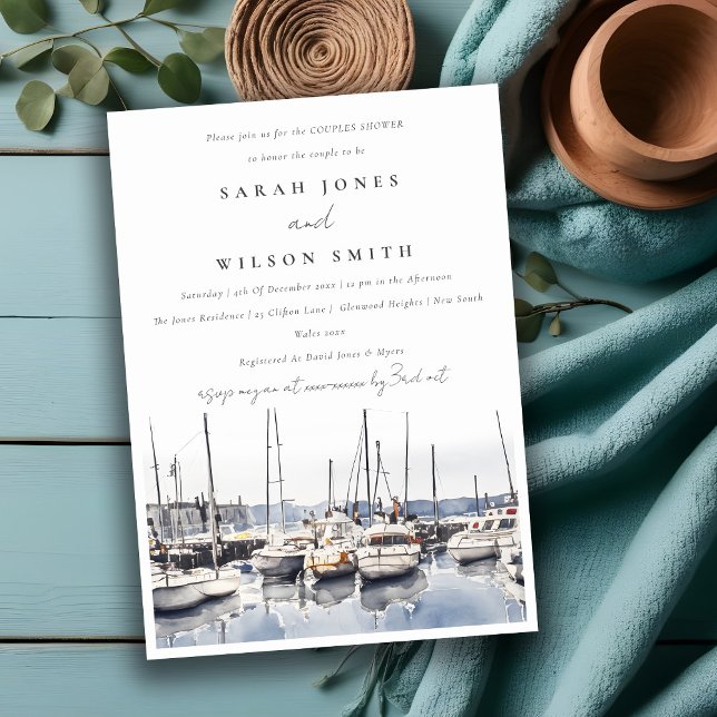 Muted Coastal Harbour Boats Seascape Couples Showe Invitation (Creator Uploaded)