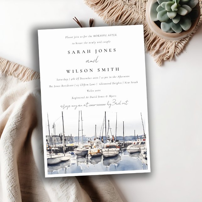 Muted Coastal Harbour Boats Seascape Morning After Invitation (Creator Uploaded)