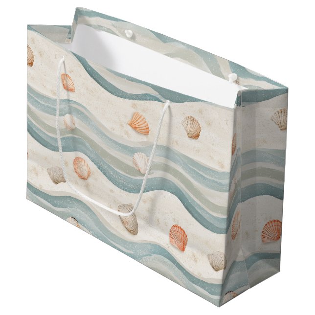 Muted Coastal Seashells Wave - Boho Beach Style Large Gift Bag (Front Angled)