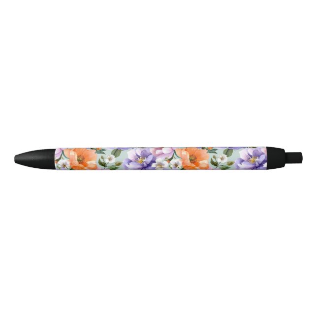 Muted Colorful Flowers Boho flower  Black Ink Pen (Front)