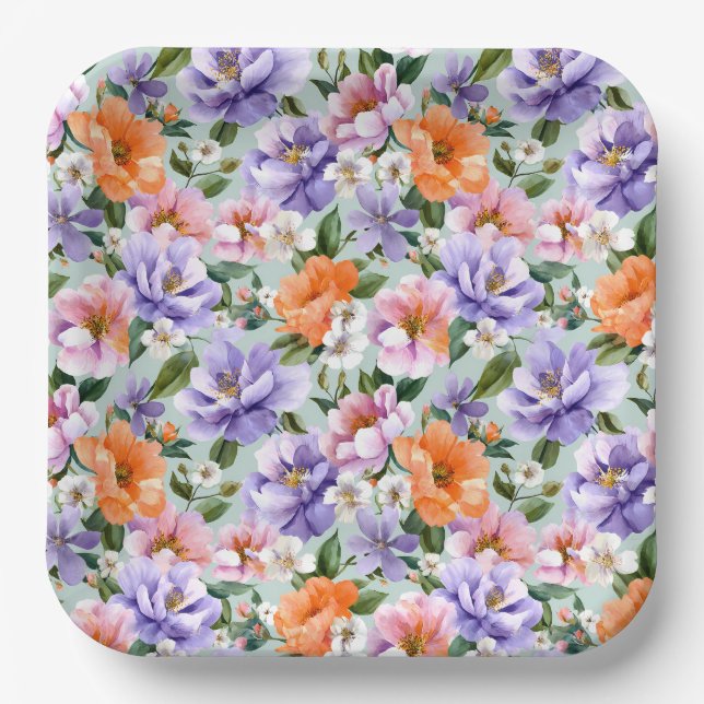 Muted Colorful Flowers Boho flower  Paper Plate (Front)