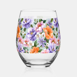 Muted Colorful Flowers Boho flower  Stemless Wine Glass