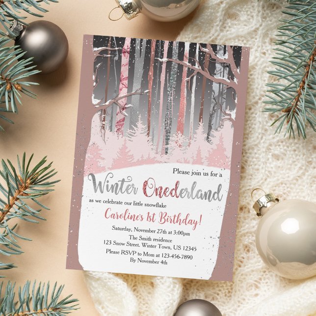 Muted Colours Snow Forest Winter Onederland Photo Invitation (Creator Uploaded)
