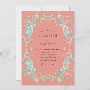 Muted Coral Aqua Vine Wedding Invitation