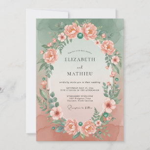 Muted Coral Mint Wreath Wedding Invitation