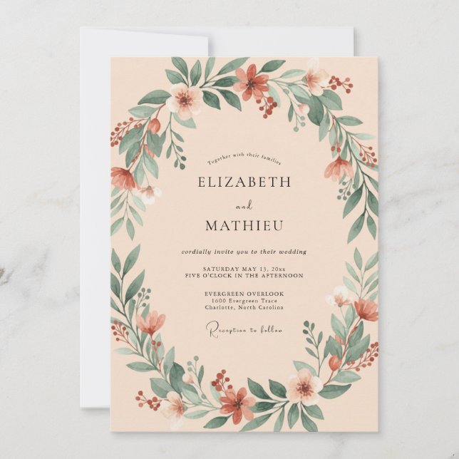 Muted Coral Wreath Wedding Invitation (Front)