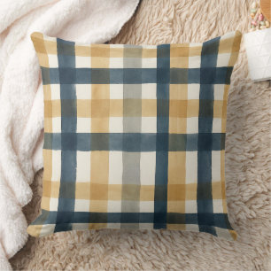 Muted creamy watercolor brush plaid pattern cushion