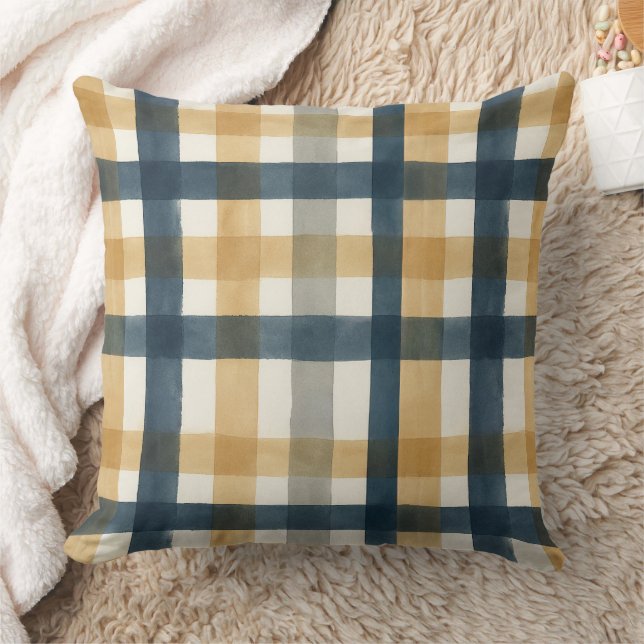 Muted creamy watercolor brush plaid pattern cushion (Blanket)