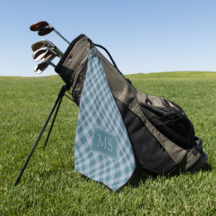 Muted Cyan Plaid Pattern Monogram Golf Towel