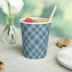 Muted Cyan Plaid Pattern Paper Cups