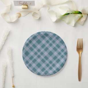 Muted Cyan Plaid Pattern Paper Plates