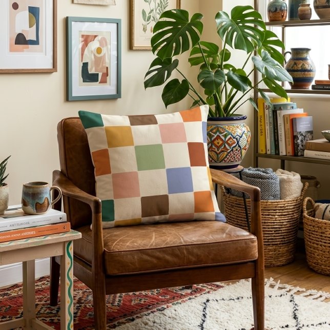 Muted Dusty Rainbow Chequerboard Pattern Cushion (Creator Uploaded)