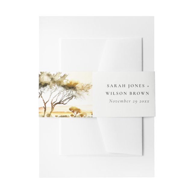 Muted Earthy Watercolor African Landscape Wedding Invitation Belly Band (Front Example)