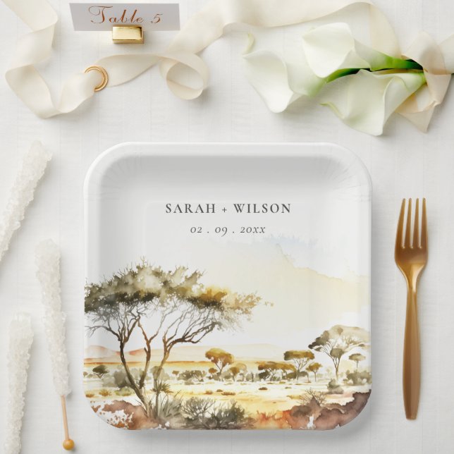 Muted Earthy Watercolor African Landscape Wedding Paper Plate (Wedding)