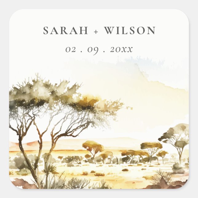 Muted Earthy Watercolor African Landscape Wedding Square Sticker (Front)
