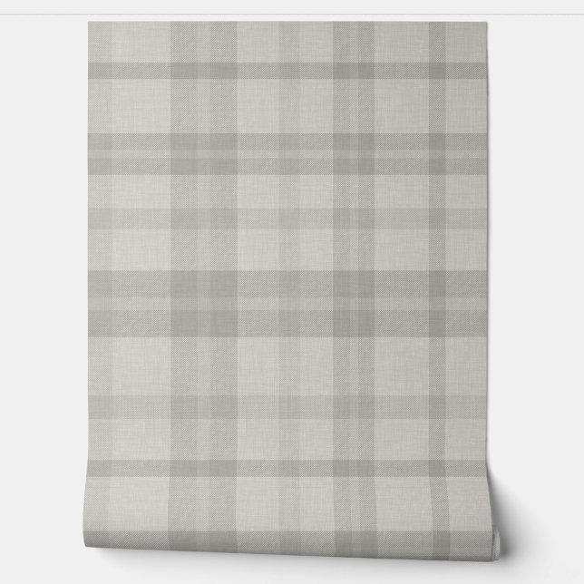 Muted Farmhouse Gray Plaid w/ Linen Texture Wallpaper (Unrolling)