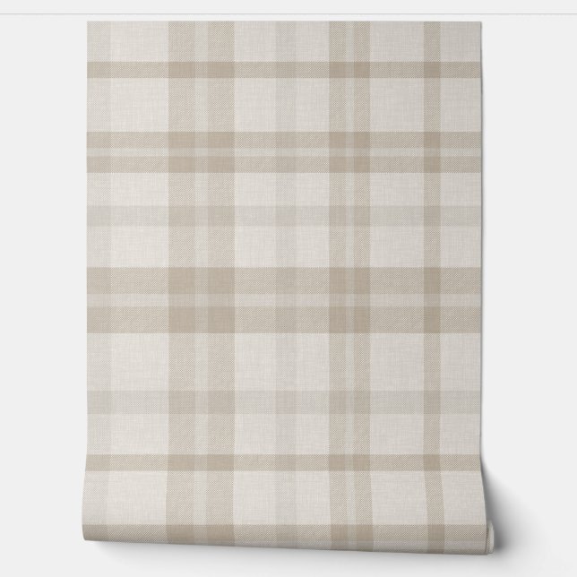 Muted Farmhouse Taupe Plaid w/ Linen Texture Wallpaper (Unrolling)