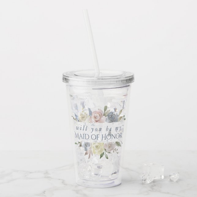 Muted Floral Frame | Elegant Rose Maid of Honour Acrylic Tumbler (Front Ice)