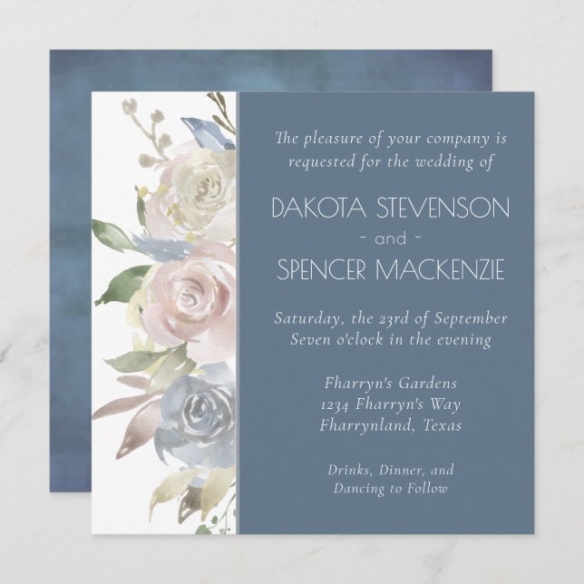 Muted Floral Garland | Pastel Blue Cream Wedding Invitation (Front/Back)