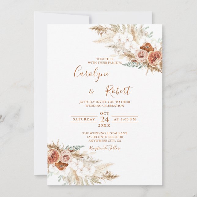 Muted floral pampas grass wedding invitation (Front)