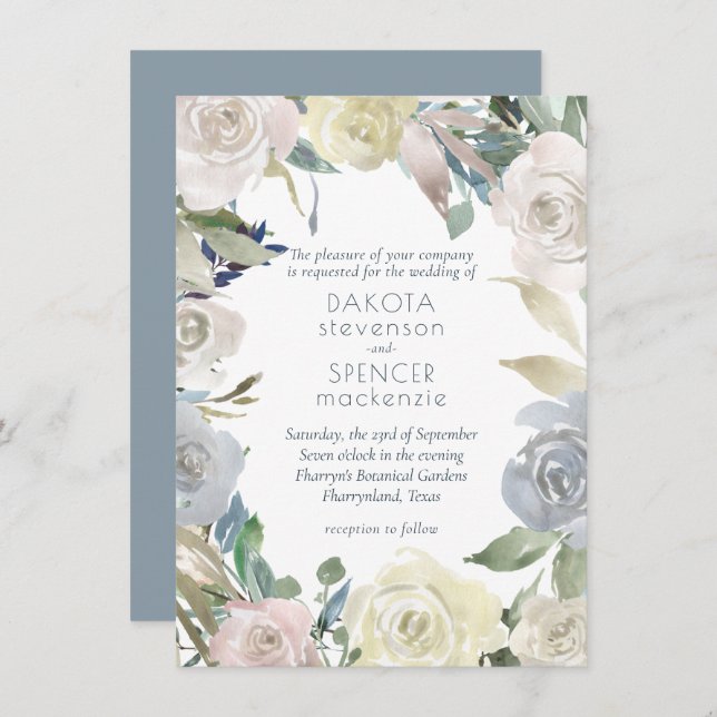 Muted Floral Wreath | Blue Pink Yellow Wedding Invitation (Front/Back)