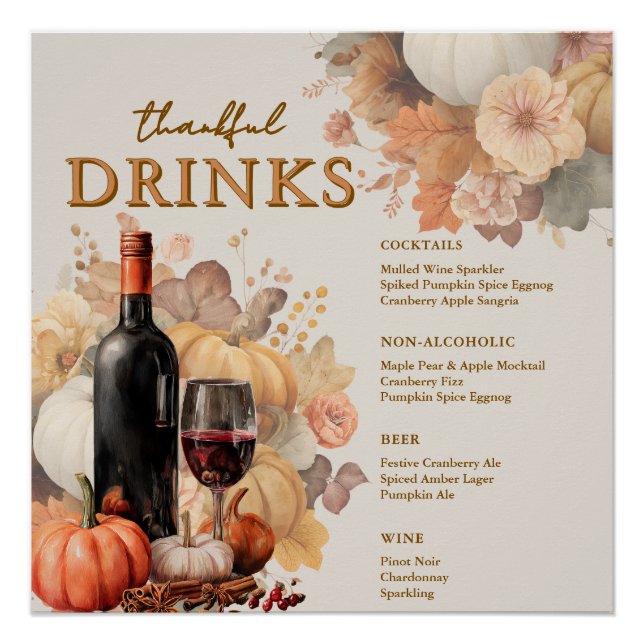 Muted Florals Thanksgiving Square Bar Menu Poster  (Front)