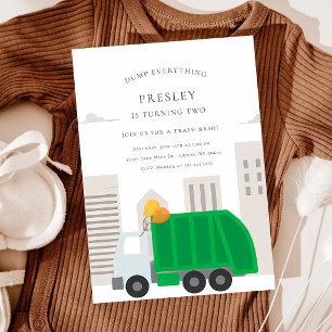 Muted Garbage Truck 3rd Birthday Invitation