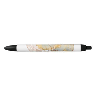 Muted Gold Blue Watercolor Botanical Leaves Black Ink Pen