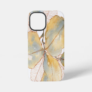 Muted Gold Blue Watercolor Botanical Leaves iPhone 12 Mini Case