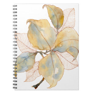 Muted Gold Blue Watercolor Botanical Leaves Notebook
