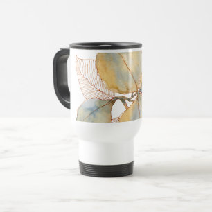 Muted Gold Blue Watercolor Botanical Leaves Travel Mug