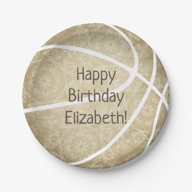 muted gold girly custom text basketball party paper plate (Front)