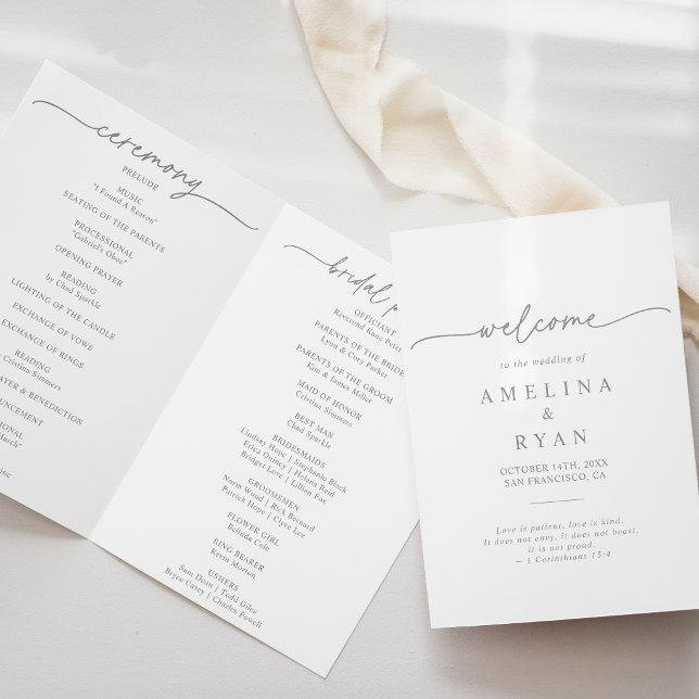 Muted Gray Simple Minimalist Folded Wedding Programme (Creator Uploaded)