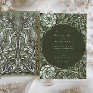 Muted Green Art Nouveau Floral Wedding Invitation